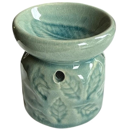 Turquoise Blue Small Ceramic Wax Oil Burner | Leaves Pattern