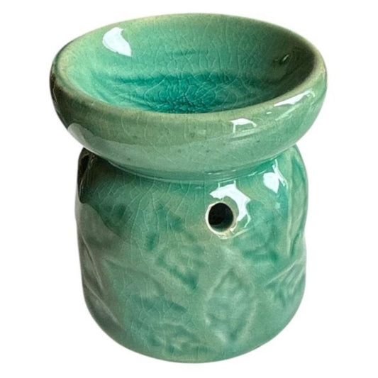 Green Small Ceramic Wax Oil Burner | Leaves Pattern
