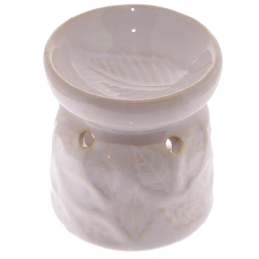 White Small Ceramic Wax Oil Burner | Leaves Pattern