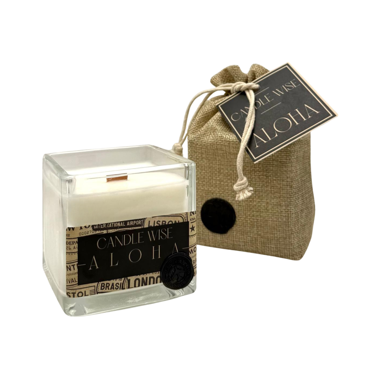 Aloha coconut wax candle with eco friendly burlap gift packaging for luxury gifting