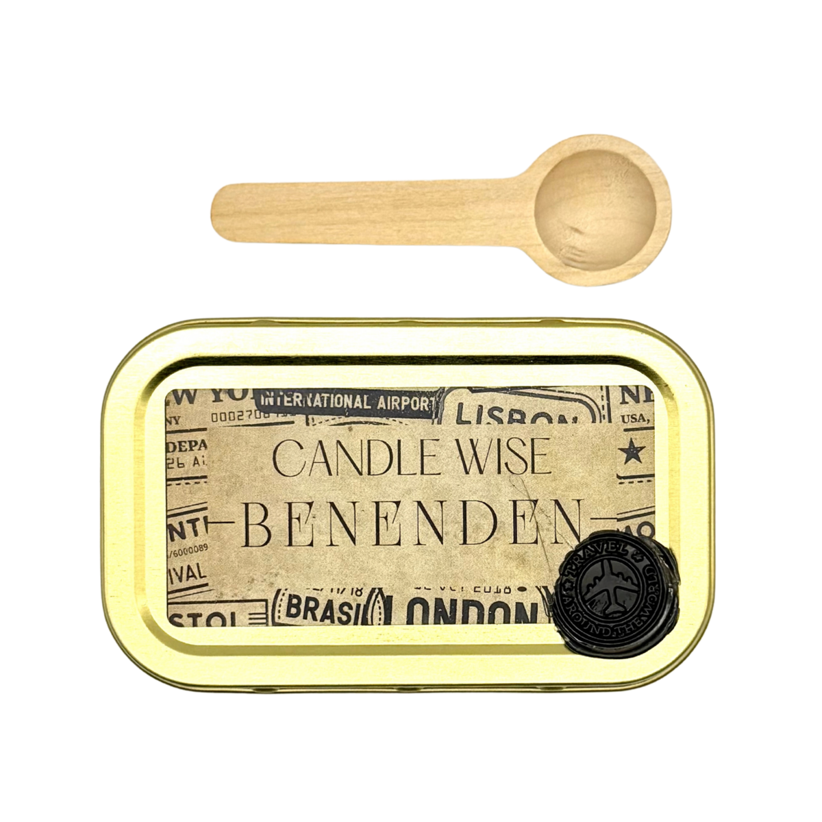 Candle Wise Benenden scoopable wax melt gold tin lid with vintage travel label and wooden spoon