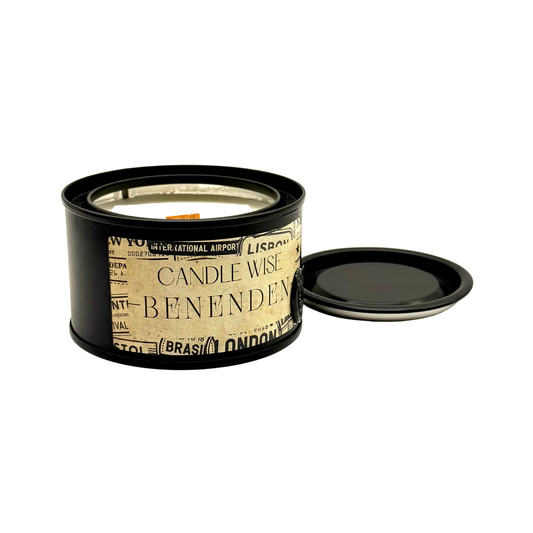 Candle Wise Benenden travel size candle open black tin showing soy wax and wooden wick beside lid