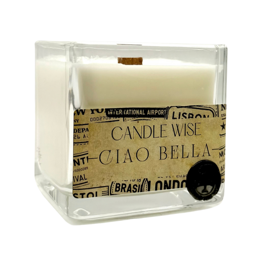 Angled view of Candle Wise Ciao Bella large square glass candle showing soy wax and wooden wick