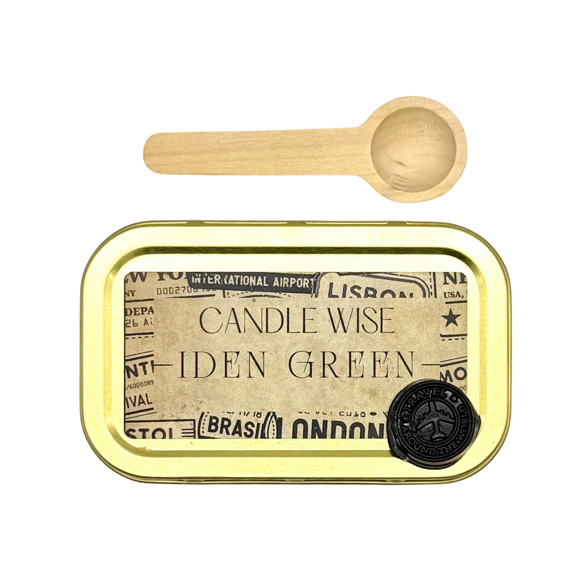 Candle Wise Iden Green scoopable wax melt gold tin lid with vintage travel label and wooden spoon