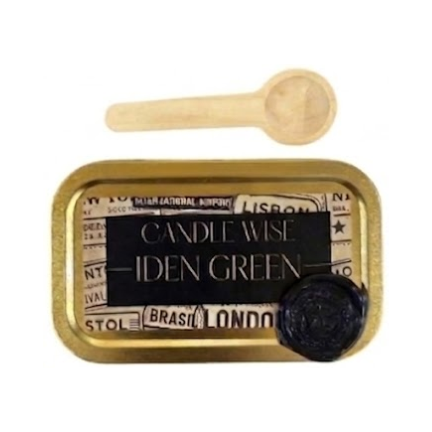 Candle Wise Iden Green wax melt gold tin featuring a vintage travel-themed label and a black wax seal.