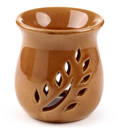 Terracotta small ceramic wax and oil burner with leaf fretwork and crackle glaze.