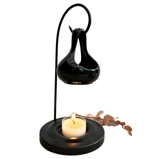 Black Ceramic Hanging Teardrop Oil Burner & Wax Melter with Black Metal Stand - 20cm