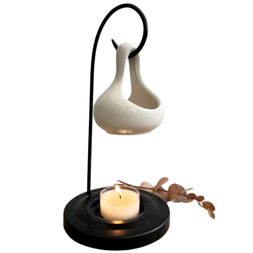 Cream Ceramic Hanging Teardrop Oil Burner & Wax Melter with Black Metal Stand - 20cm