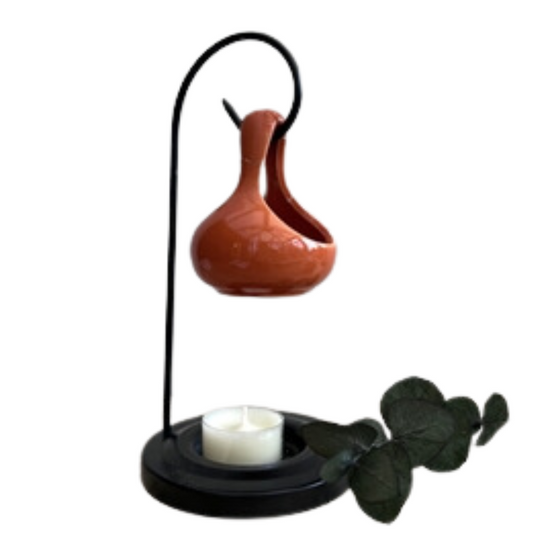 Orange Ceramic Hanging Teardrop Oil Burner & Wax Melter with Black Metal Stand - 20cm