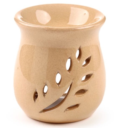 Beige small ceramic wax and oil burner with leaf fretwork and crackle glaze