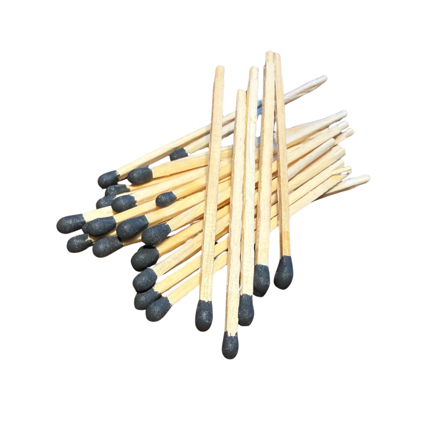 Close up of loose long wooden matches with black tips