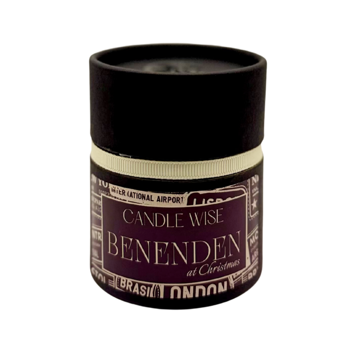 Candle Wise Benenden at Christmas mini scented candle box packaging with cream ribbon detail