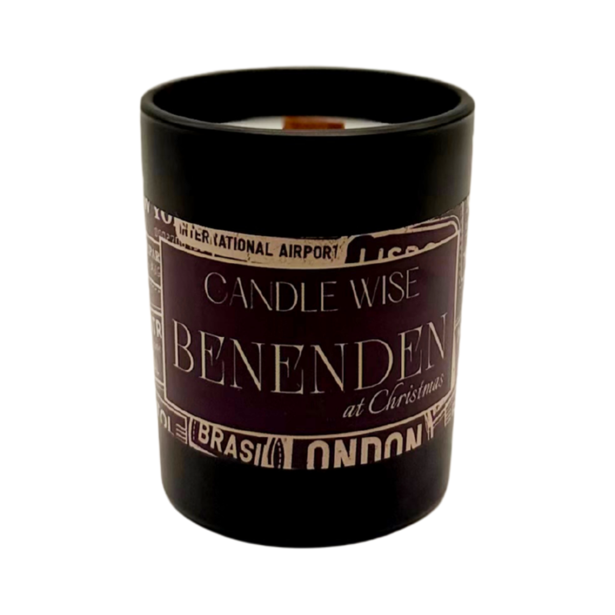 Candle Wise Benenden at Christmas mini wooden wick scented candle in black glass jar
