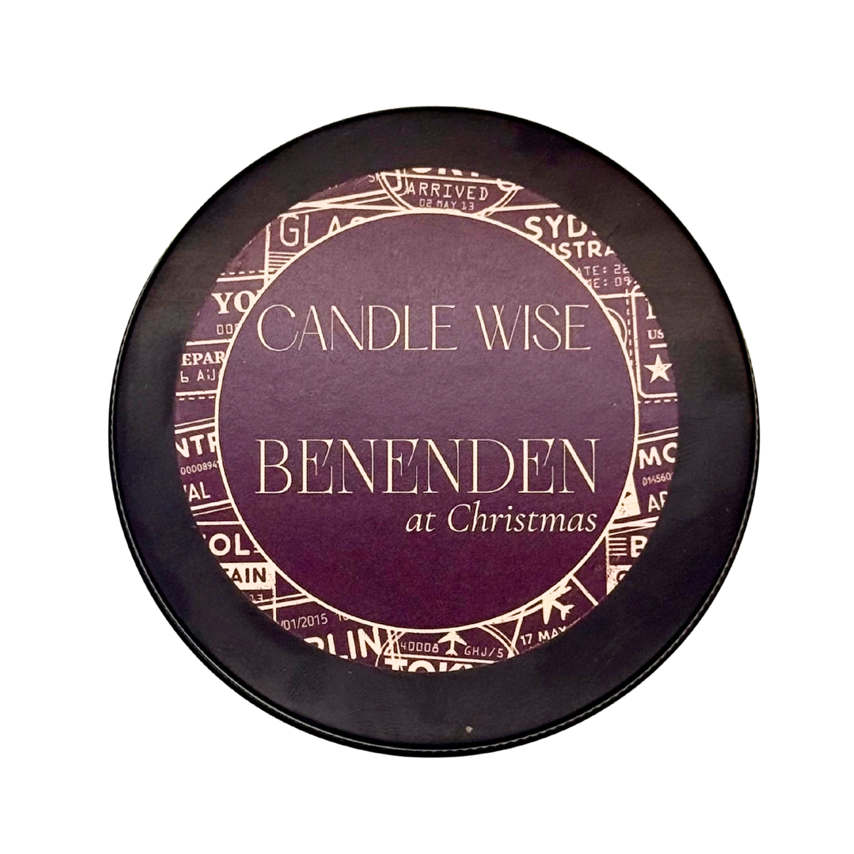 Candle Wise Benenden at Christmas scoopable wax melt tin lid with travel stamp design