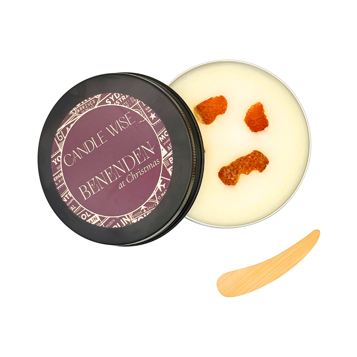 Candle Wise Benenden at Christmas black scoopable wax melt lid top view with orange peel and spatula