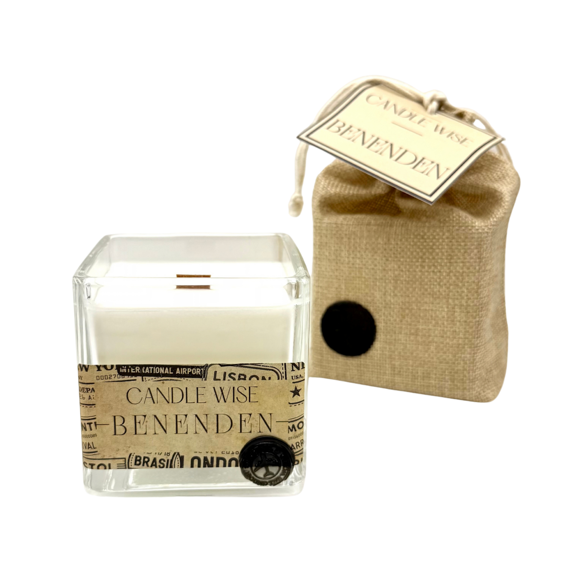 Candle Wise Benenden large square glass candle presented alongside branded jute gift bag