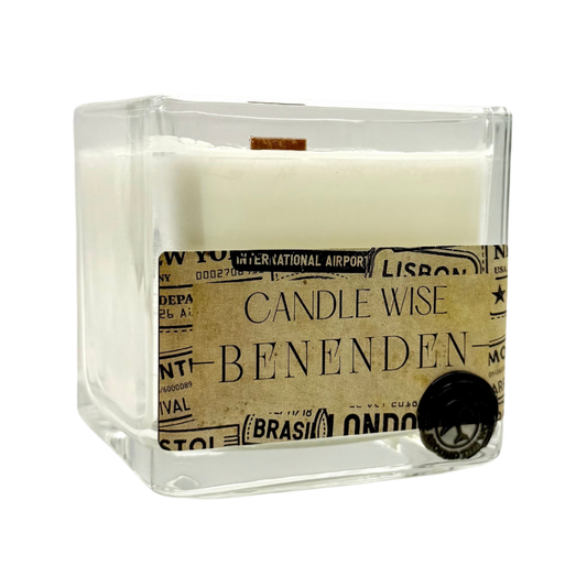 Angled view of Candle Wise Benenden large square glass candle showing soy wax and wooden wick
