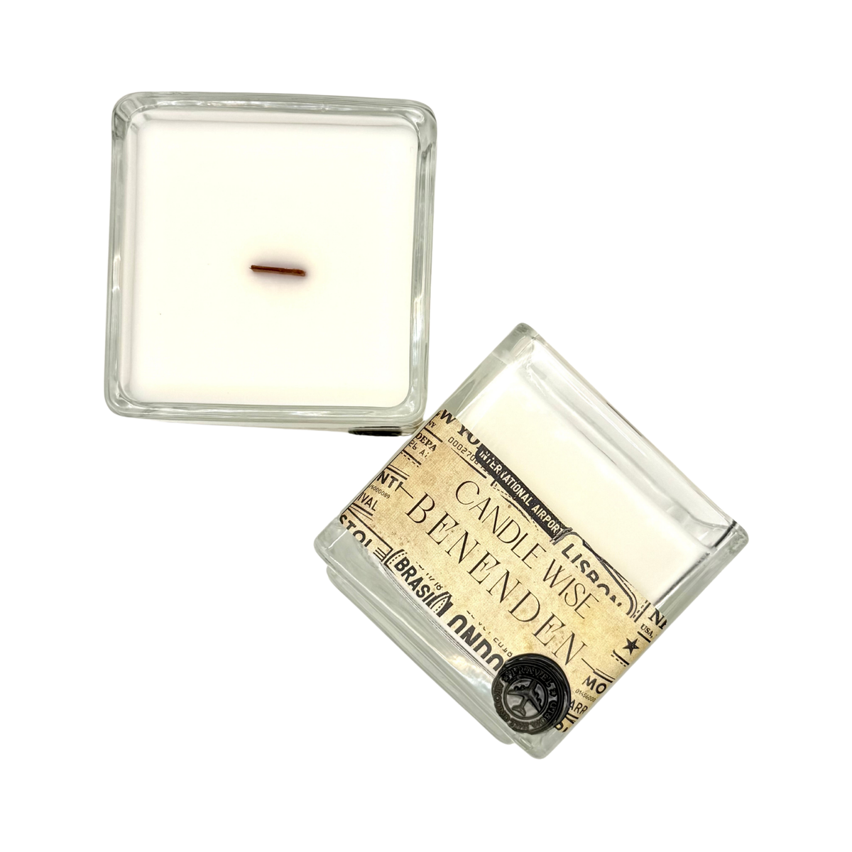 Overhead top-down view of Candle Wise Benenden large square glass candle with wooden wick