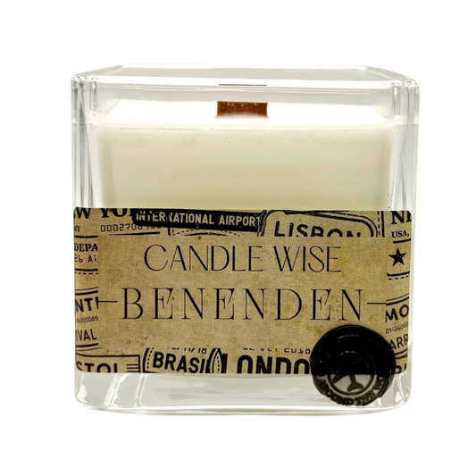 Candle Wise Benenden large square glass candle with wooden wick and vintage travel label