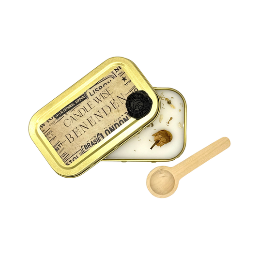 Candle Wise Benenden scoopable wax melt open tin showing botanical toppings alongside lid and wooden spoon