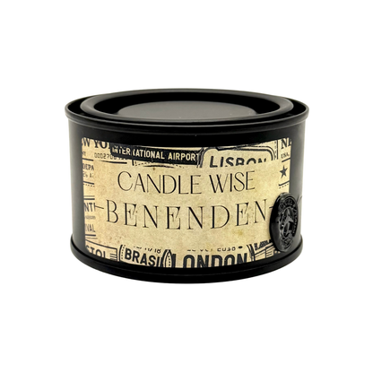 Candle Wise Benenden travel size candle in black tin with vintage travel label