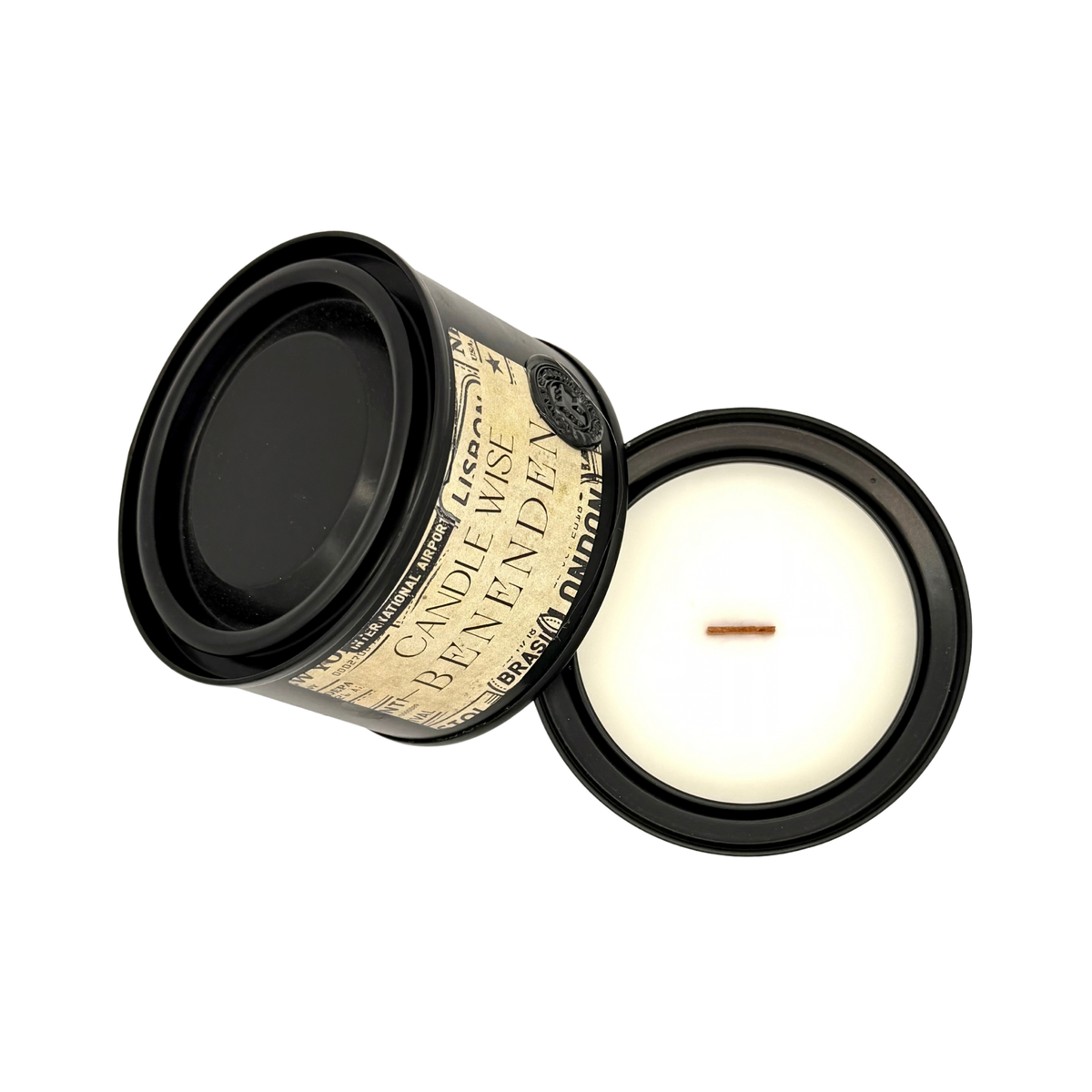 Overhead top view of Candle Wise Benenden travel size candle showing poured wax and wooden wick