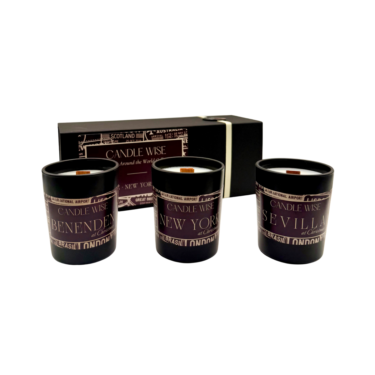 Candle Wise Christmas Around the World Trio Candle Gift Set featuring Benenden, New York, and Sevilla scented candles
