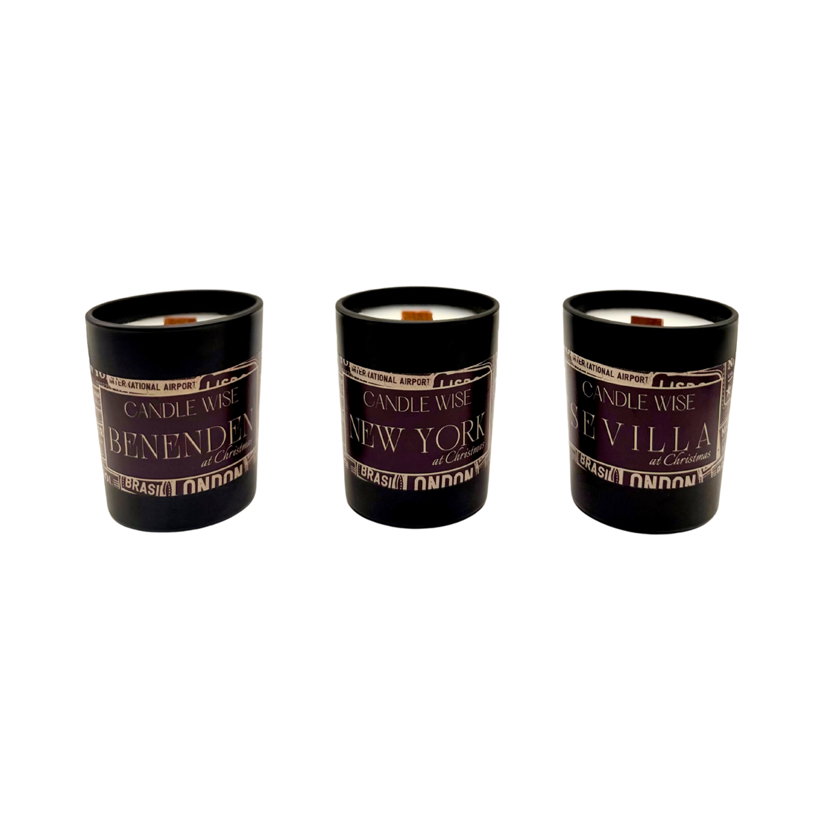 Candle Wise Benenden, New York, and Sevilla Christmas scented candles lined up together