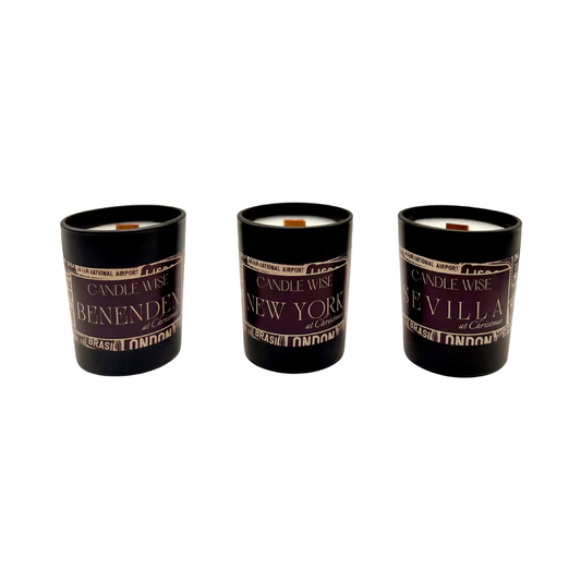 Candle Wise Benenden, New York, and Sevilla Christmas scented candles lined up together