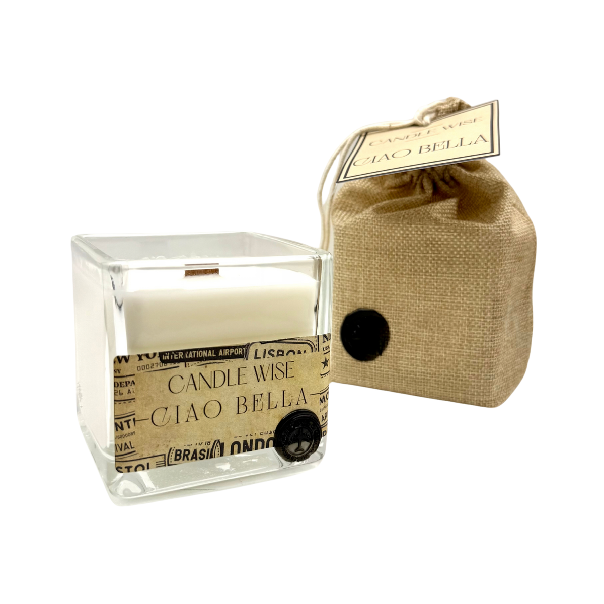 Candle Wise Ciao Bella large square glass candle presented alongside branded jute gift bag