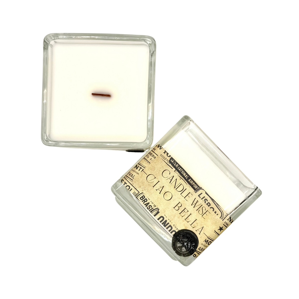 Overhead top view of Candle Wise Ciao Bella large square glass candle showing poured wax and wooden wick