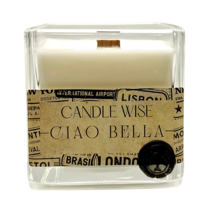 Candle Wise Ciao Bella large square glass candle with wooden wick and vintage travel label