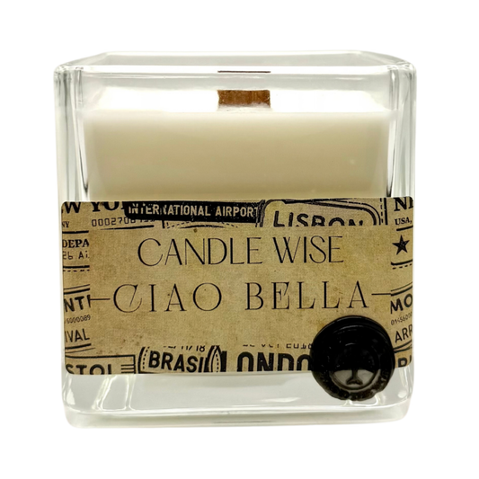Candle Wise Ciao Bella large square glass candle with wooden wick and vintage travel label