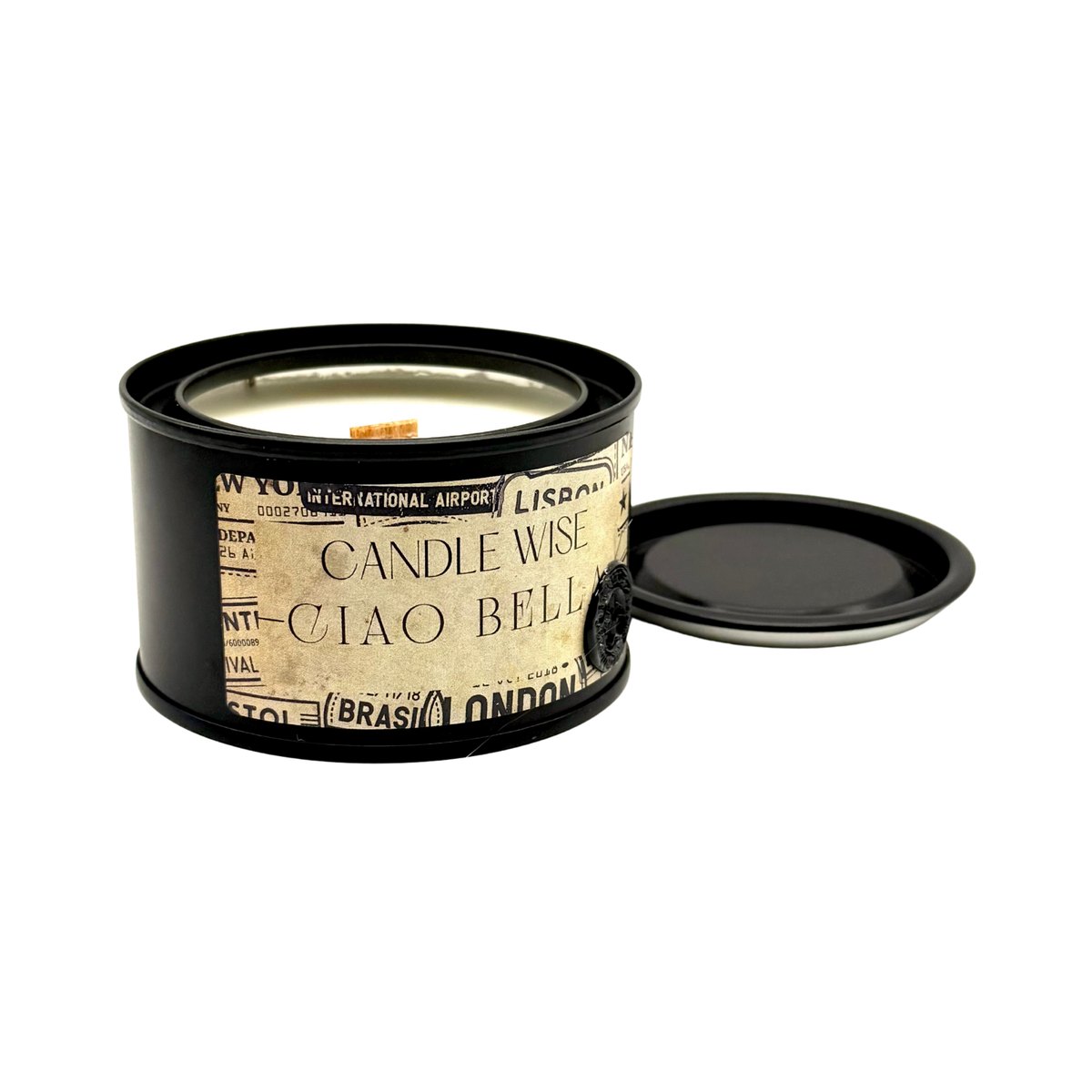 Candle Wise Ciao Bella travel size candle open black tin showing soy wax and wooden wick beside lid