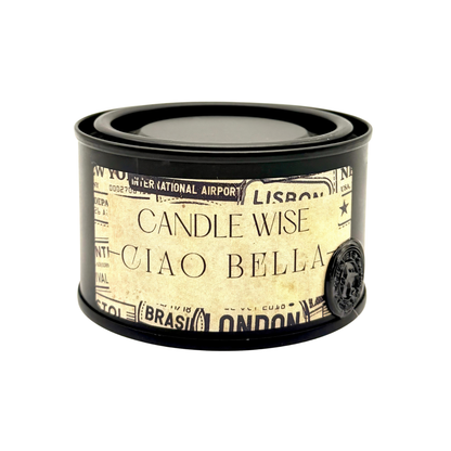 Candle Wise Ciao Bella travel size candle in black tin with vintage travel label