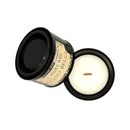 Overhead top view of Candle Wise Ciao Bella travel size candle showing poured wax and wooden wick