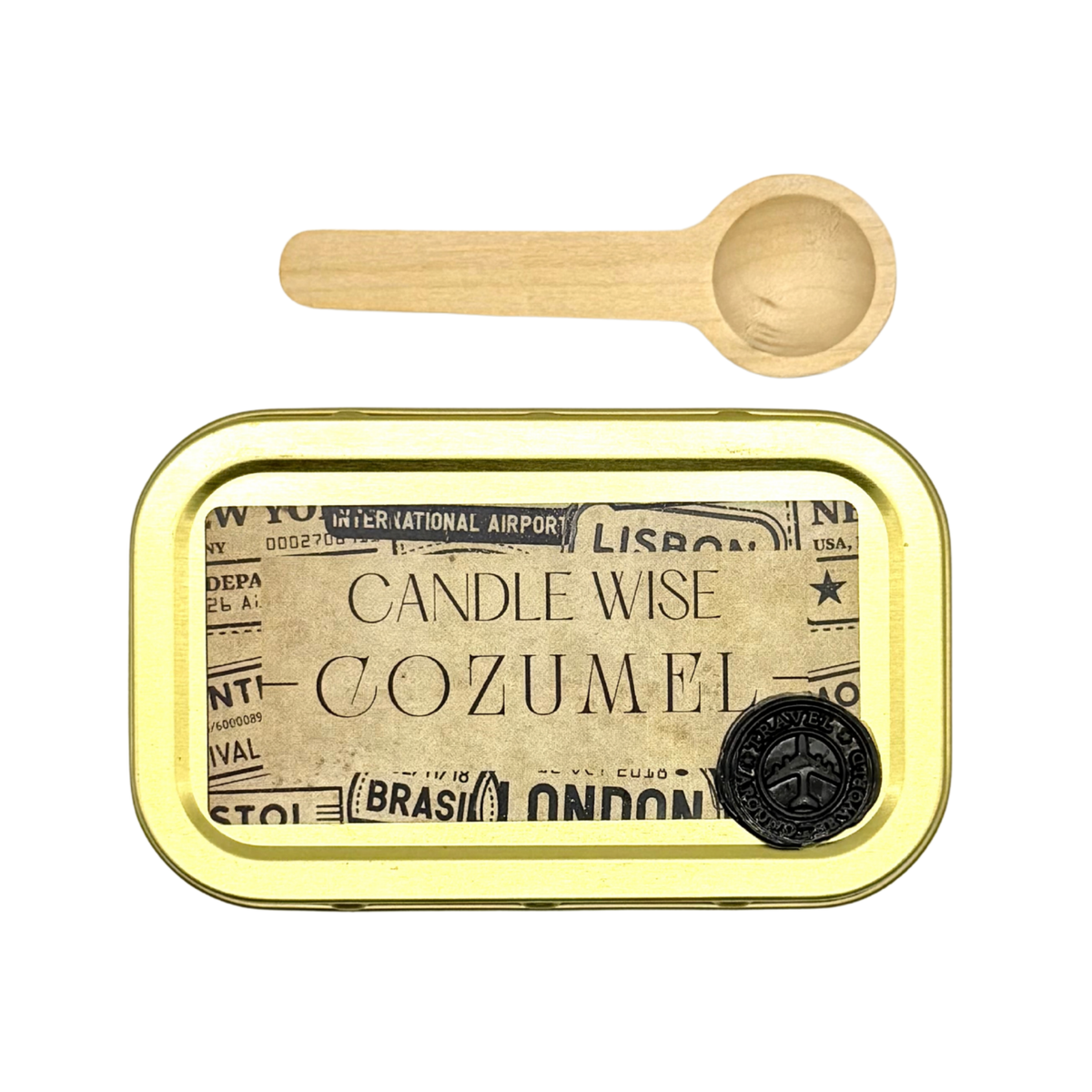 Candle Wise Cozumel scoopable wax melt gold tin lid with vintage travel label and wooden spoon