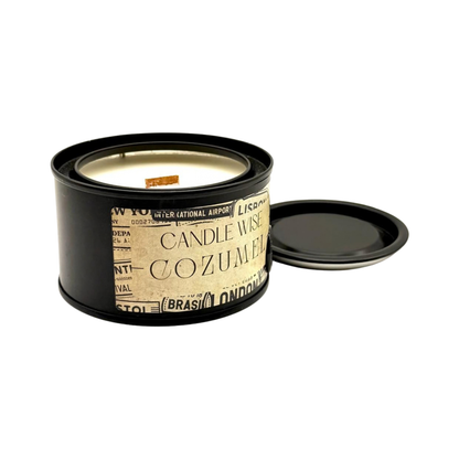 Candle Wise Cozumel travel size candle open black tin showing soy wax and wooden wick beside lid