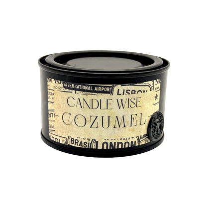 Candle Wise Cozumel travel size candle in black tin with vintage travel label