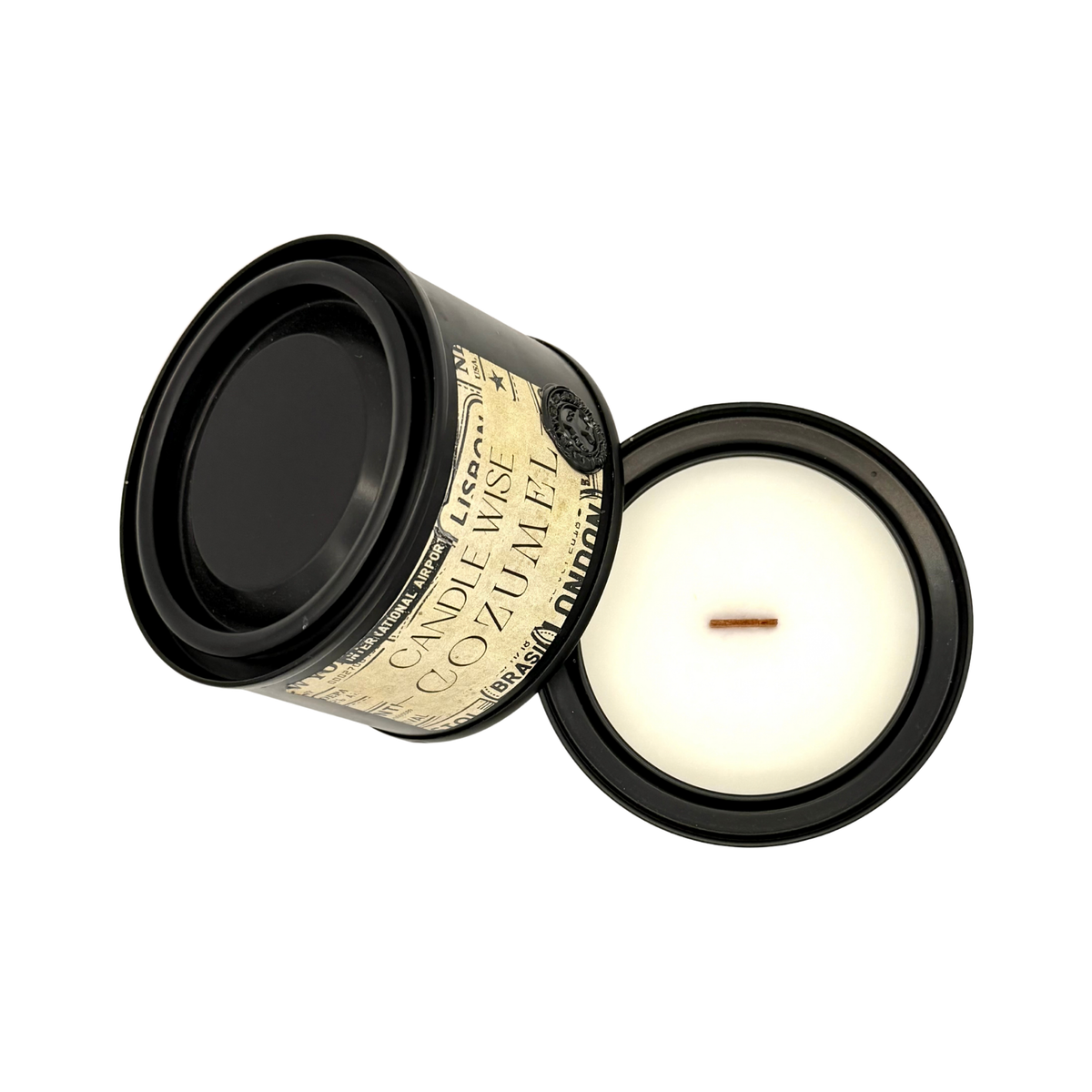 Overhead top view of Candle Wise Cozumel travel size candle showing poured wax and wooden wick