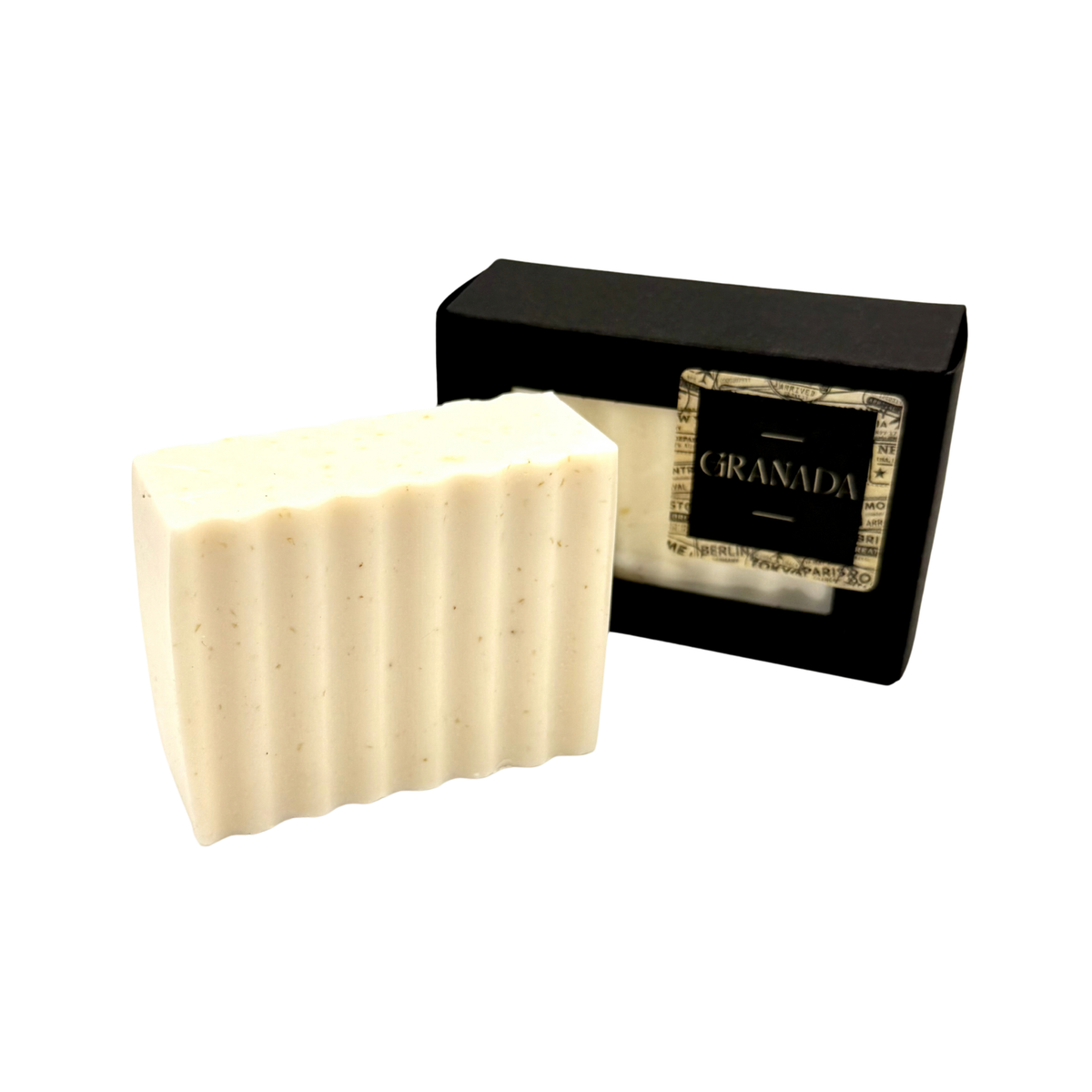 Candle Wise Granada textured artisan soap bar displayed beside its black window presentation box.