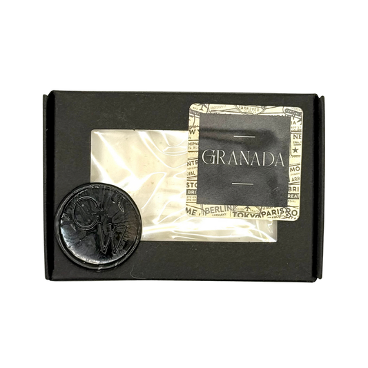 Candle Wise Granada artisan soap bar packaged inside a black window presentation box with wax seal.