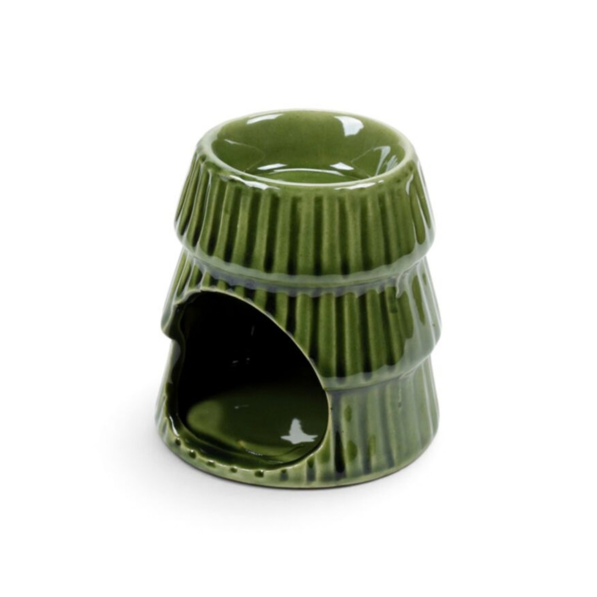 Candle Wise green ribbed ceramic Christmas tree wax burner tealight opening back view