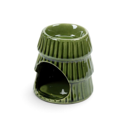 Candle Wise green ribbed ceramic Christmas tree wax burner tealight opening back view