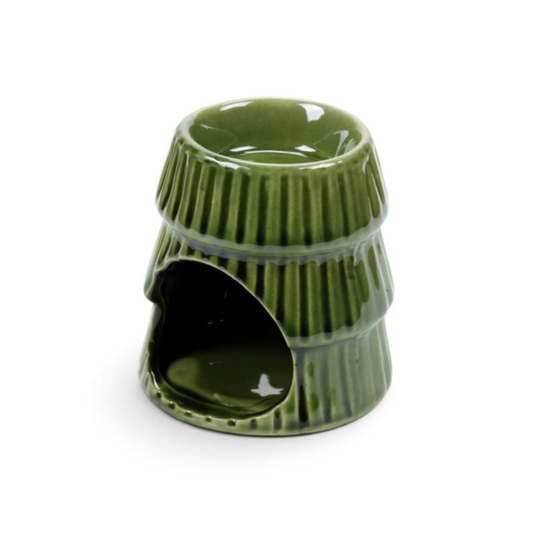 Candle Wise green ribbed ceramic Christmas tree wax burner tealight opening back view