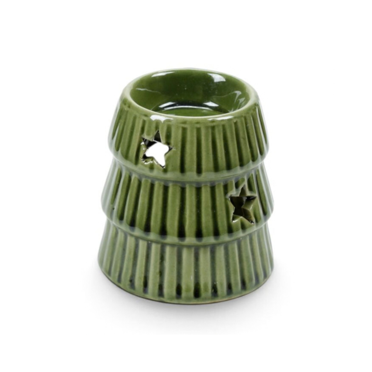 Candle Wise green ribbed ceramic Christmas tree wax burner with star cut-outs front view