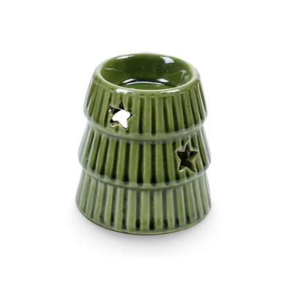 Candle Wise green ribbed ceramic Christmas tree wax burner with star cut-outs front view