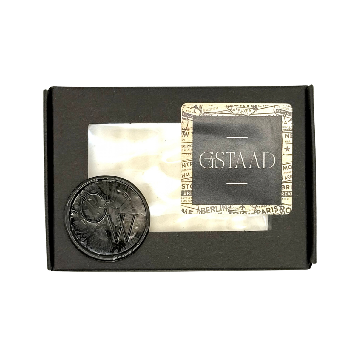 Candle Wise Gstaad artisan soap bar packaged inside a black window presentation box with wax seal.