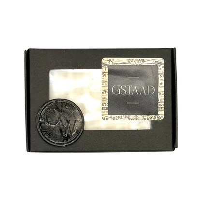 Candle Wise Gstaad artisan soap bar packaged inside a black window presentation box with wax seal.