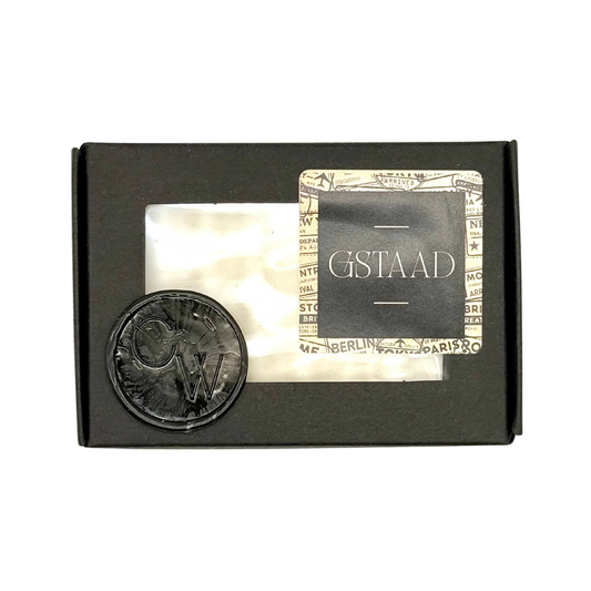 Candle Wise Gstaad artisan soap bar packaged inside a black window presentation box with wax seal.
